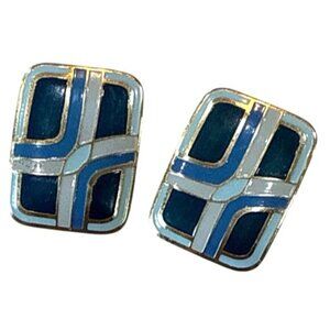 Vintage Elegant Blue Gold Tone Geometric Pierced Earrings